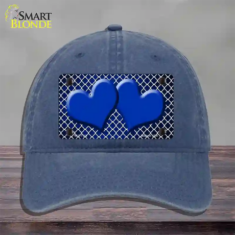 Blue White Quatrefoil Hearts Oil Rubbed Novelty License Plate Hat Unconstructed Cotton / Navy