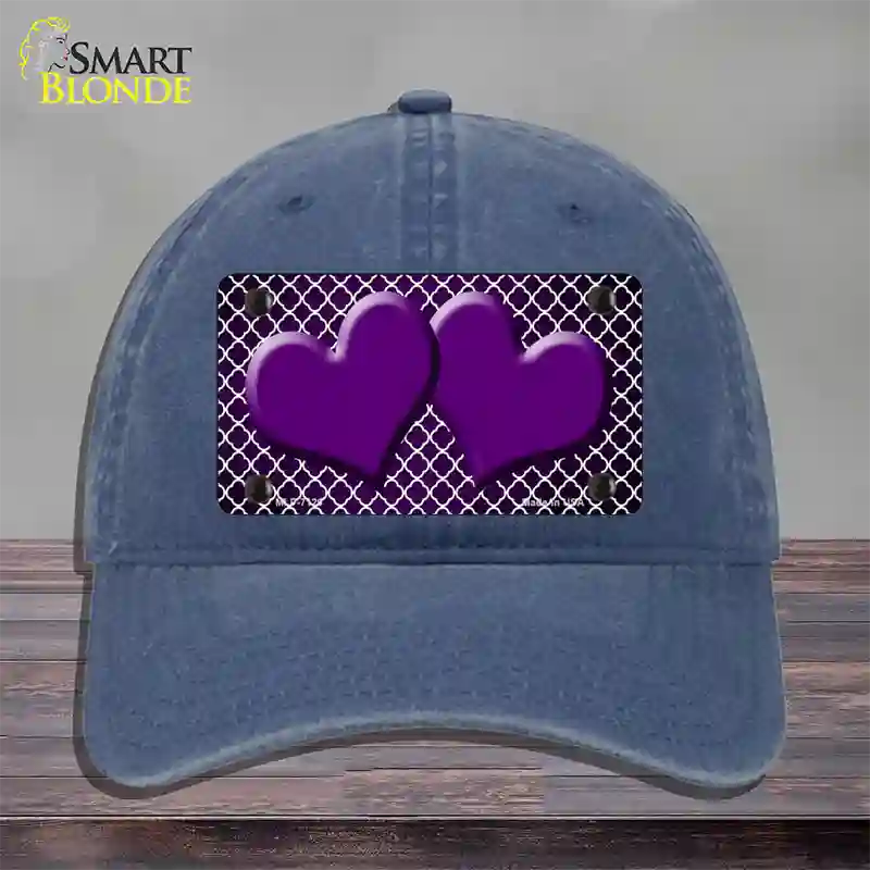 Purple White Quatrefoil Hearts Oil Rubbed Novelty License Plate Hat Unconstructed Cotton / Navy