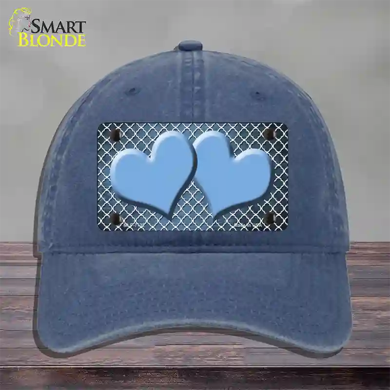 Light Blue White Quatrefoil Hearts Oil Rubbed Novelty License Plate Hat Unconstructed Cotton / Navy