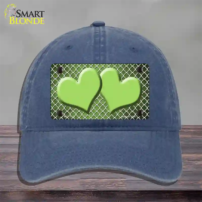 Lime Green White Quatrefoil Hearts Oil Rubbed Novelty License Plate Hat Unconstructed Cotton / Navy