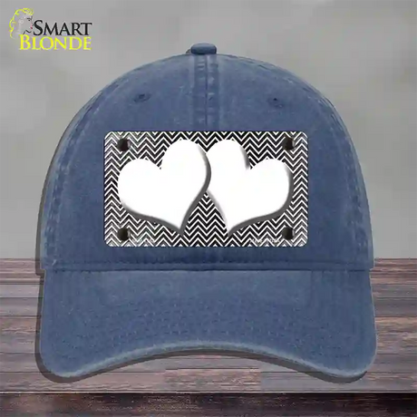 Black White Small Chevron Hearts Oil Rubbed Novelty License Plate Hat Unconstructed Cotton / Navy