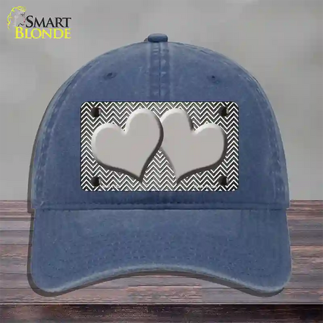 Gray White Small Chevron Hearts Oil Rubbed Novelty License Plate Hat Unconstructed Cotton / Navy