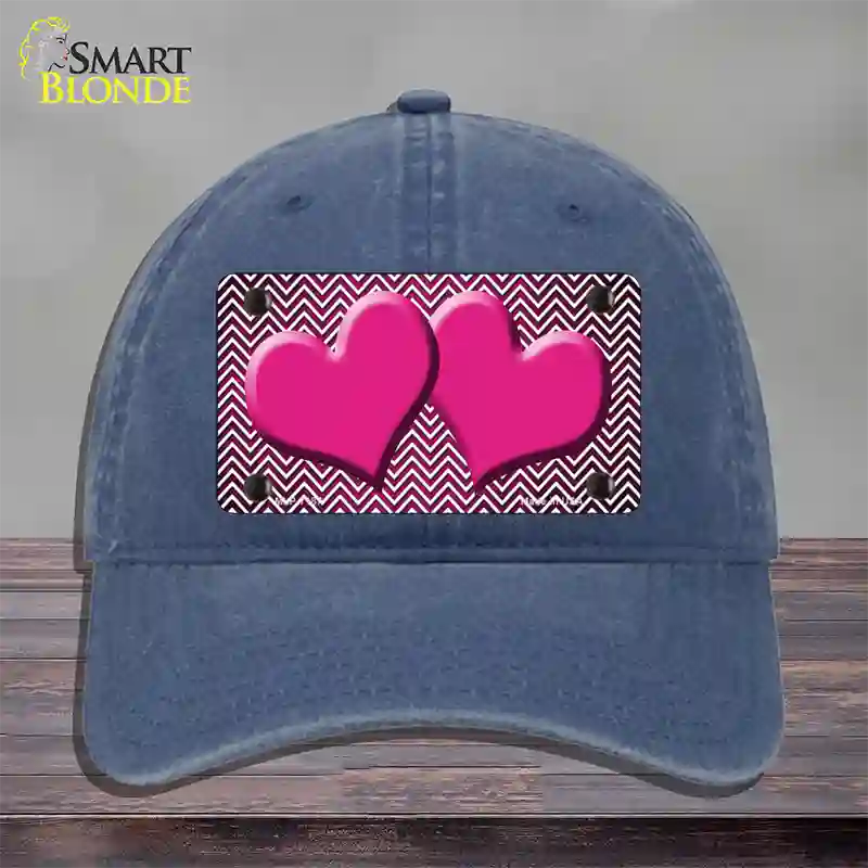 Pink White Small Chevron Hearts Oil Rubbed Novelty License Plate Hat Unconstructed Cotton / Navy