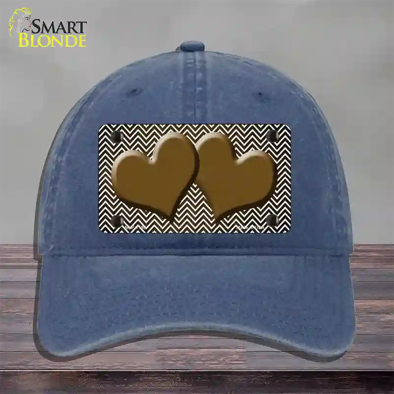 Brown White Small Chevron Hearts Oil Rubbed Novelty License Plate Hat Unconstructed Cotton / Navy