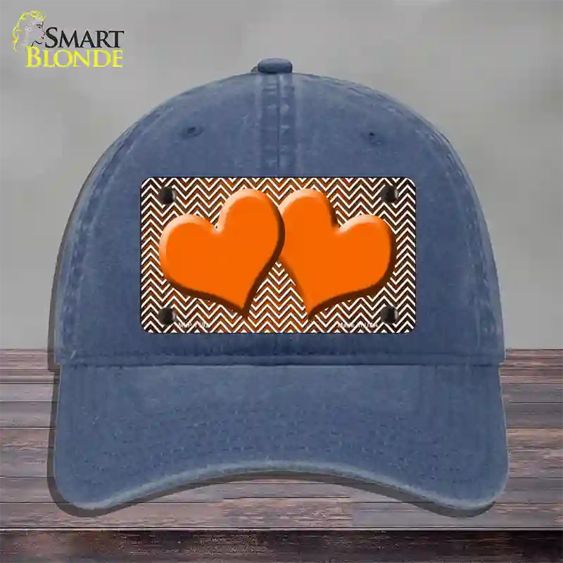 Orange White Small Chevron Hearts Oil Rubbed Novelty License Plate Hat Unconstructed Cotton / Navy