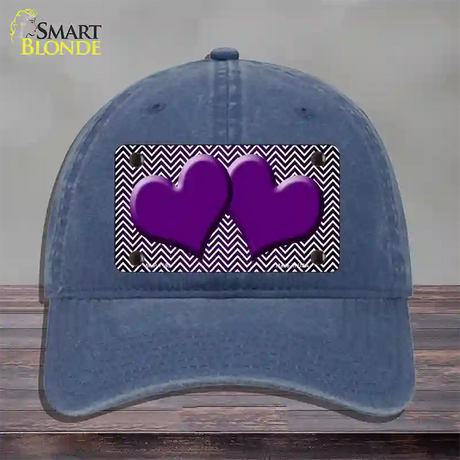 Purple White Small Chevron Hearts Oil Rubbed Novelty License Plate Hat Unconstructed Cotton / Navy