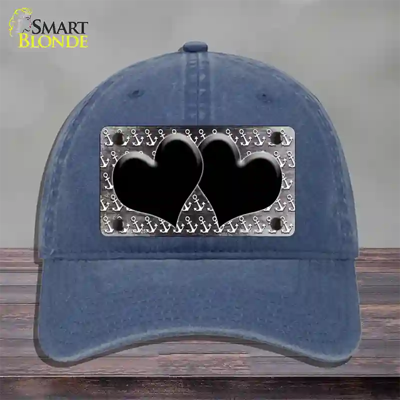 Black White Anchor Hearts Oil Rubbed Novelty License Plate Hat Unconstructed Cotton / Navy