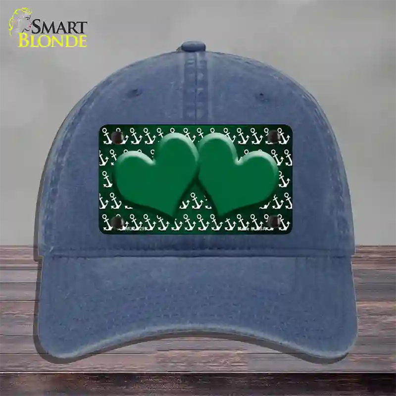 Green White Anchor Hearts Oil Rubbed Novelty License Plate Hat Unconstructed Cotton / Navy