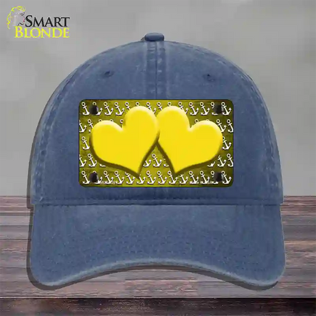 Yellow White Anchor Hearts Oil Rubbed Novelty License Plate Hat Unconstructed Cotton / Navy