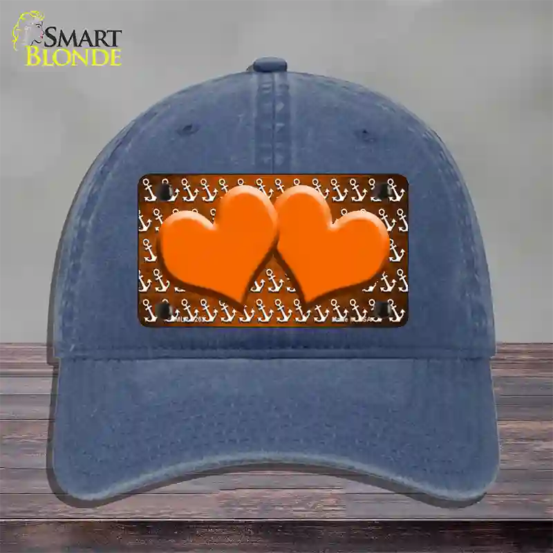 Orange White Anchor Hearts Oil Rubbed Novelty License Plate Hat Unconstructed Cotton / Navy