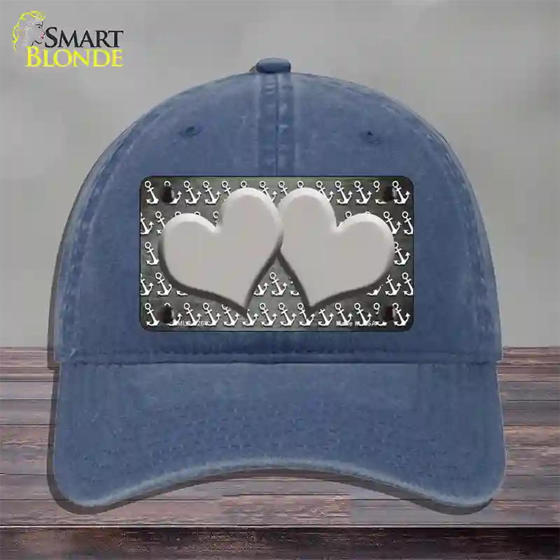 Gray White Anchor Hearts Oil Rubbed Novelty License Plate Hat Unconstructed Cotton / Navy