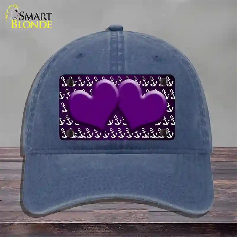 Purple White Anchor Hearts Oil Rubbed Novelty License Plate Hat Unconstructed Cotton / Navy