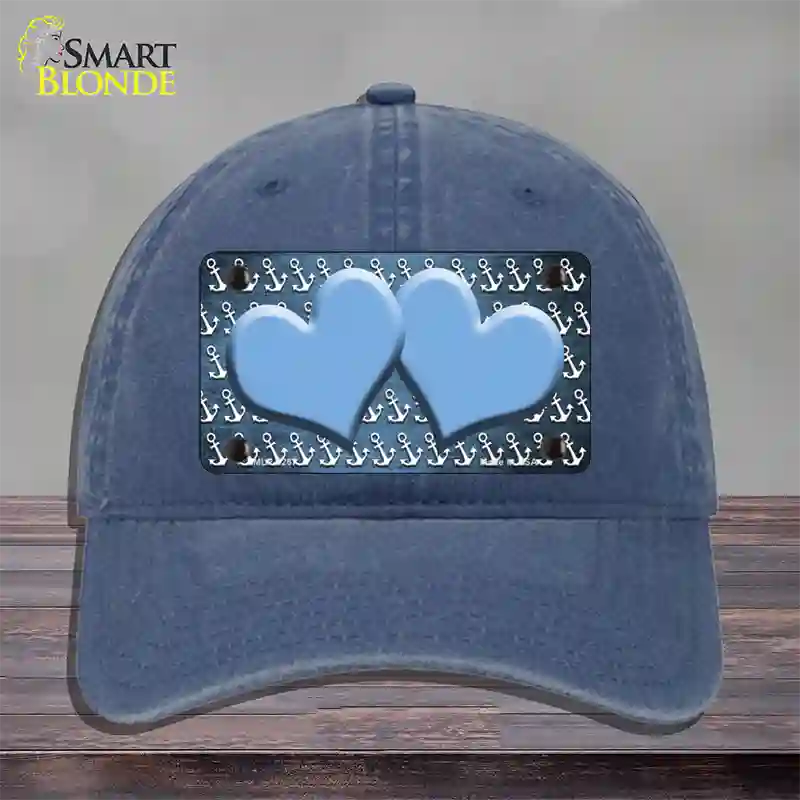 Light Blue White Anchor Hearts Oil Rubbed Novelty License Plate Hat Unconstructed Cotton / Navy