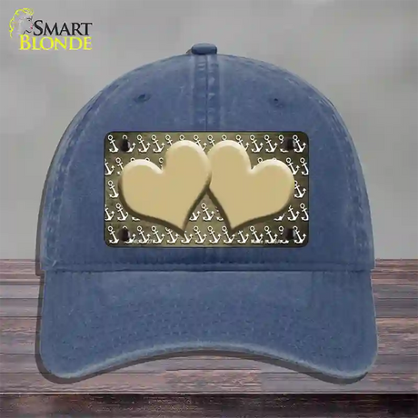 Gold White Anchor Hearts Oil Rubbed Novelty License Plate Hat Unconstructed Cotton / Navy