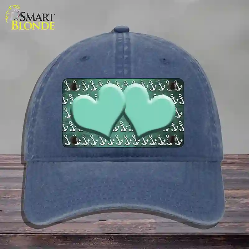 Mint White Anchor Hearts Oil Rubbed Novelty License Plate Hat Unconstructed Cotton / Navy