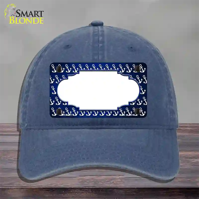 Blue White Anchor Scallop Oil Rubbed Novelty License Plate Hat Unconstructed Cotton / Navy