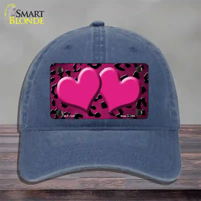 Pink Black Cheetah Hearts Oil Rubbed Novelty License Plate Hat Unconstructed Cotton / Navy