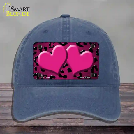 Pink Black Cheetah Hearts Oil Rubbed Novelty License Plate Hat Unconstructed Cotton / Navy