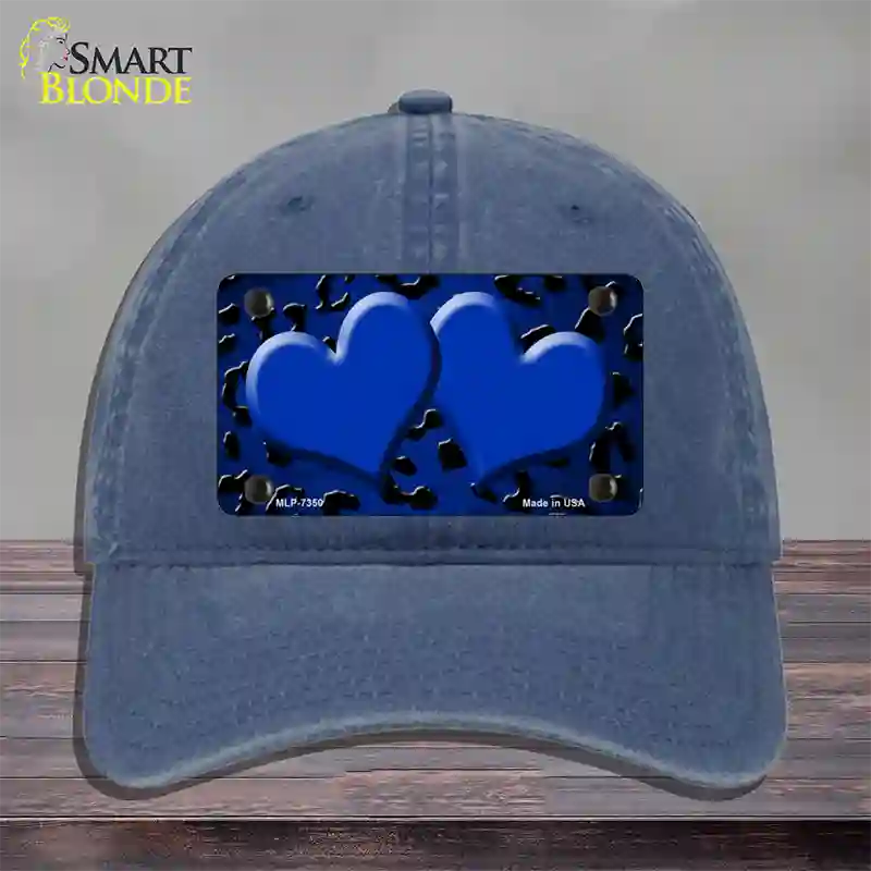 Blue Black Cheetah Hearts Oil Rubbed Novelty License Plate Hat Unconstructed Cotton / Navy