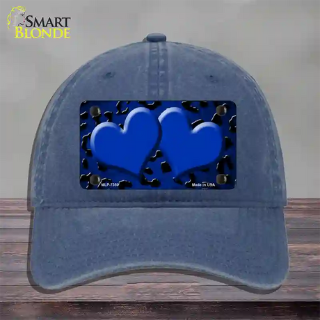 Blue Black Cheetah Hearts Oil Rubbed Novelty License Plate Hat Unconstructed Cotton / Navy