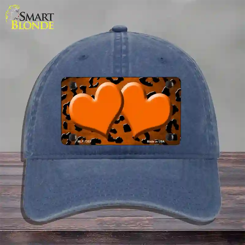 Orange Black Cheetah Hearts Oil Rubbed Novelty License Plate Hat Unconstructed Cotton / Navy