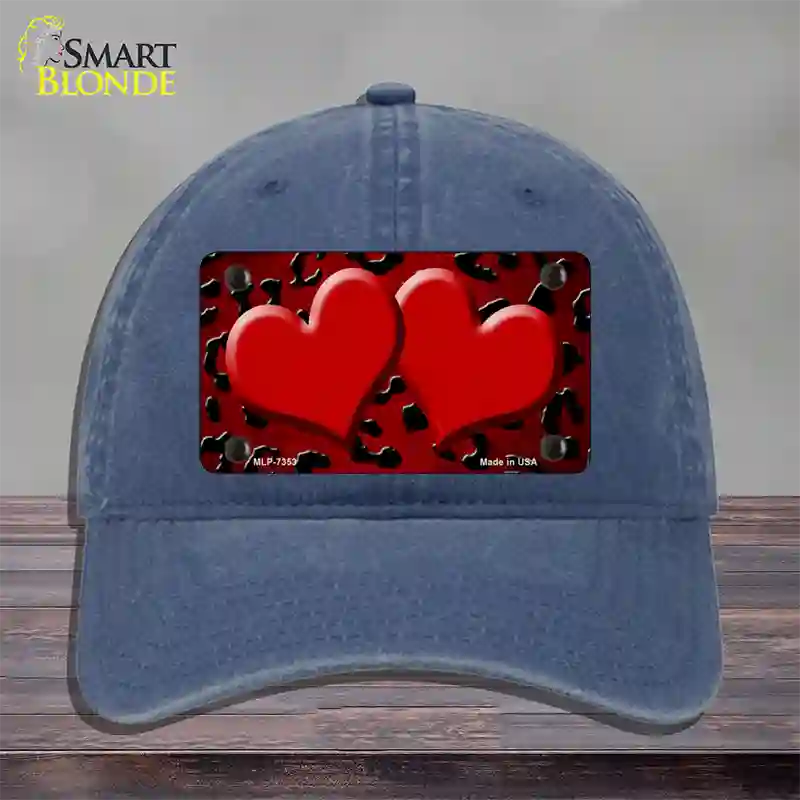 Red Black Cheetah Hearts Oil Rubbed Novelty License Plate Hat Unconstructed Cotton / Navy