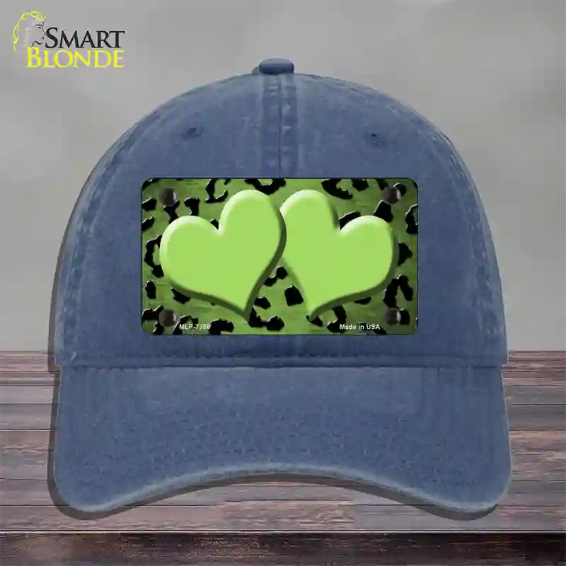 Lime Green Black Cheetah Hearts Oil Rubbed Novelty License Plate Hat Unconstructed Cotton / Navy