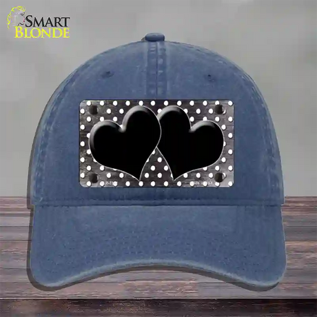 Black White Small Dots Hearts Oil Rubbed Novelty License Plate Hat Unconstructed Cotton / Navy