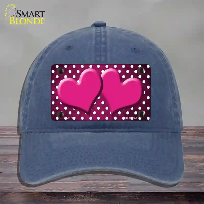 Pink White Small Dots Hearts Oil Rubbed Novelty License Plate Hat Unconstructed Cotton / Navy