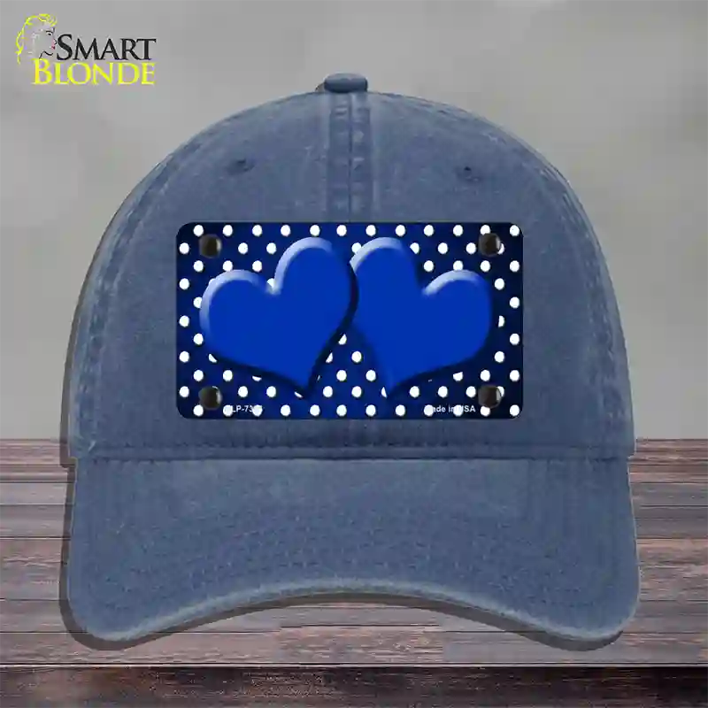 Blue White Small Dots Hearts Oil Rubbed Novelty License Plate Hat Unconstructed Cotton / Navy