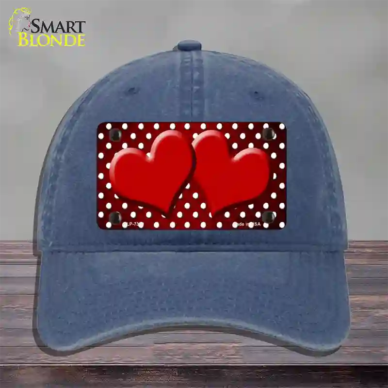 Red White Small Dots Hearts Oil Rubbed Novelty License Plate Hat Unconstructed Cotton / Navy