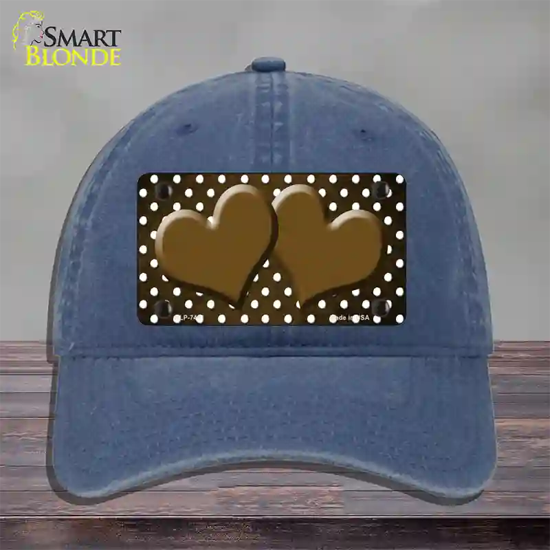 Brown White Small Dots Hearts Oil Rubbed Novelty License Plate Hat Unconstructed Cotton / Navy