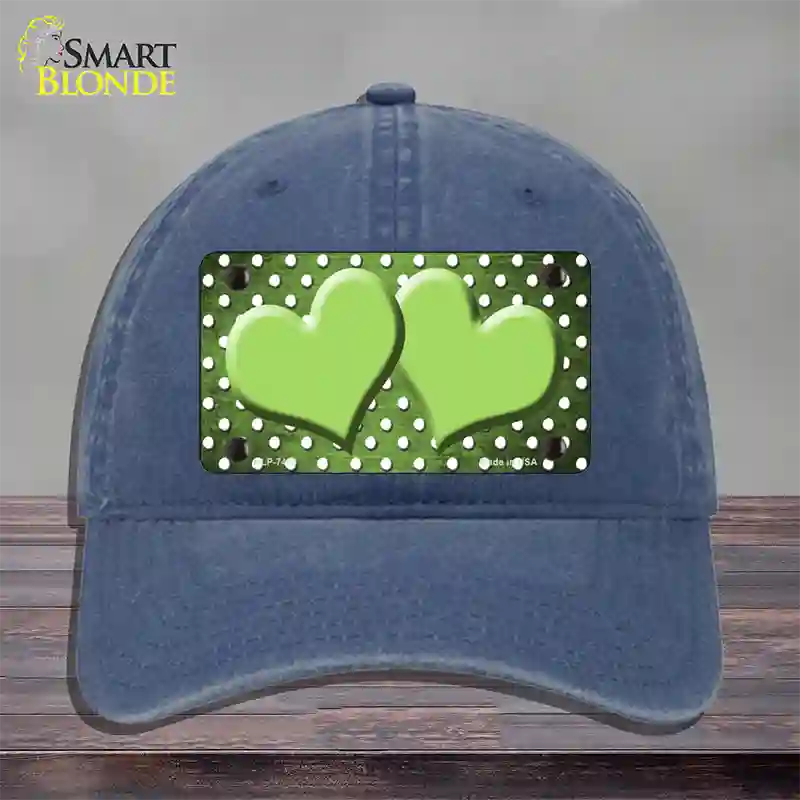 Lime Green White Small Dots Hearts Oil Rubbed Novelty License Plate Hat Unconstructed Cotton / Navy