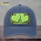 Lime Green White Small Dots Hearts Oil Rubbed Novelty License Plate Hat Unconstructed Cotton / Navy