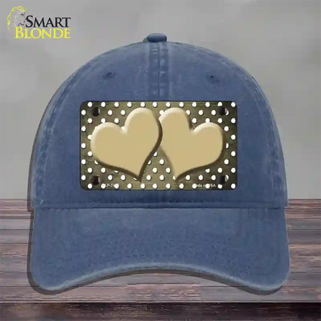 Gold White Small Dots Hearts Oil Rubbed Novelty License Plate Hat Unconstructed Cotton / Navy