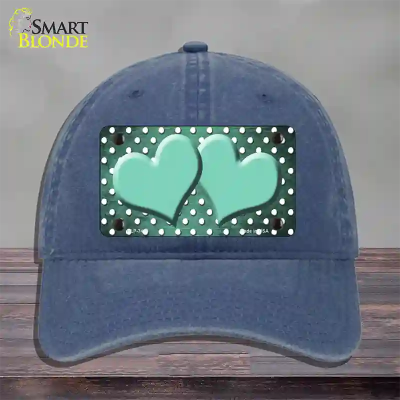 Mint White Small Dots Hearts Oil Rubbed Novelty License Plate Hat Unconstructed Cotton / Navy