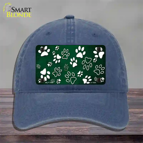 Green White Paw Oil Rubbed Novelty License Plate Hat Unconstructed Cotton / Navy