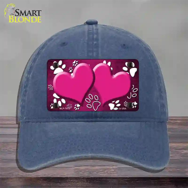 Paw Heart Pink White Novelty License Plate Hat Unconstructed Cotton / Navy