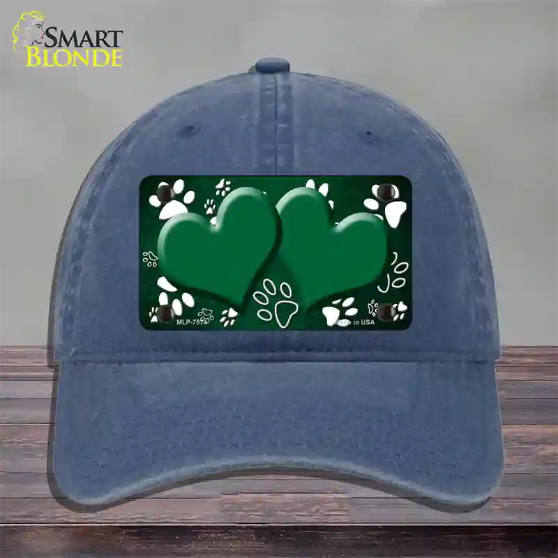 Paw Heart Green White Novelty License Plate Hat Unconstructed Cotton / Navy