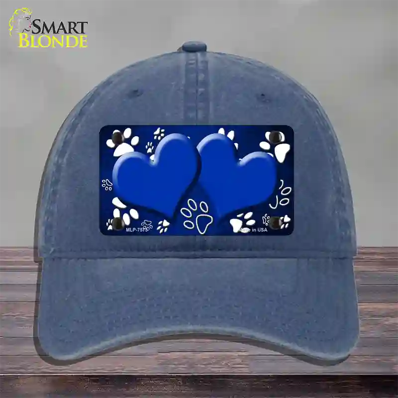 Paw Heart Blue White Novelty License Plate Hat Unconstructed Cotton / Navy