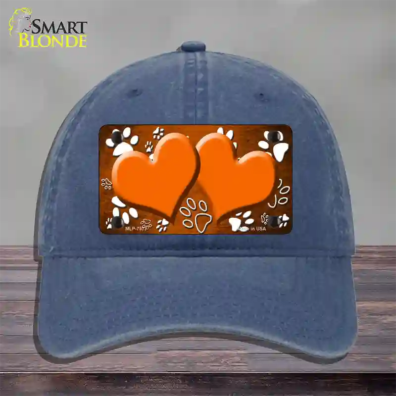 Paw Heart Orange White Novelty License Plate Hat Unconstructed Cotton / Navy