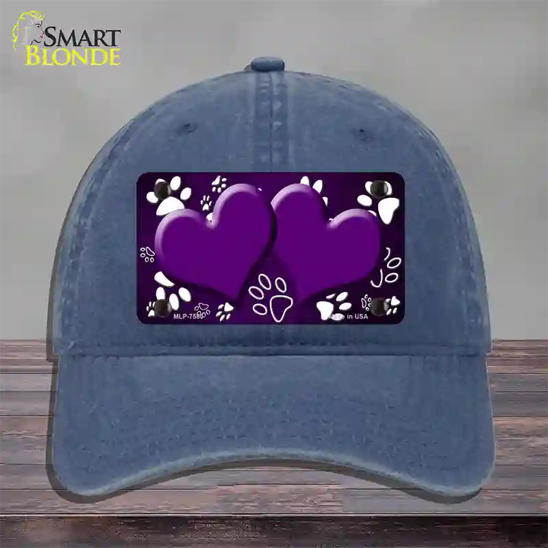 Paw Heart Purple White Novelty License Plate Hat Unconstructed Cotton / Navy