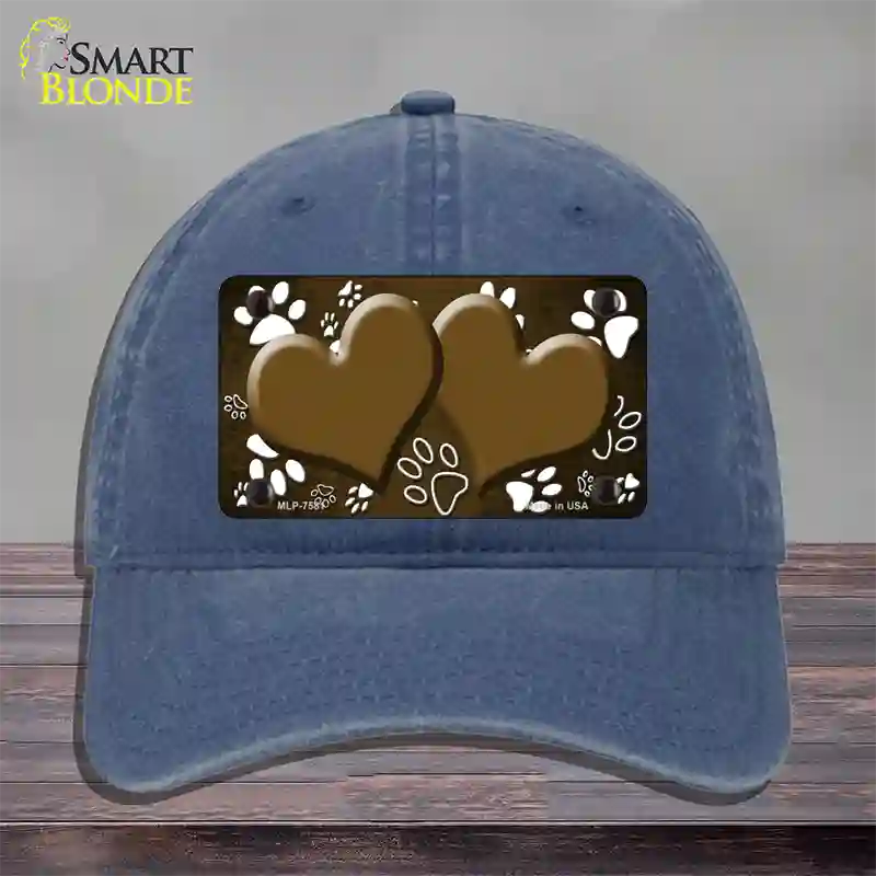 Paw Heart Brown White Novelty License Plate Hat Unconstructed Cotton / Navy