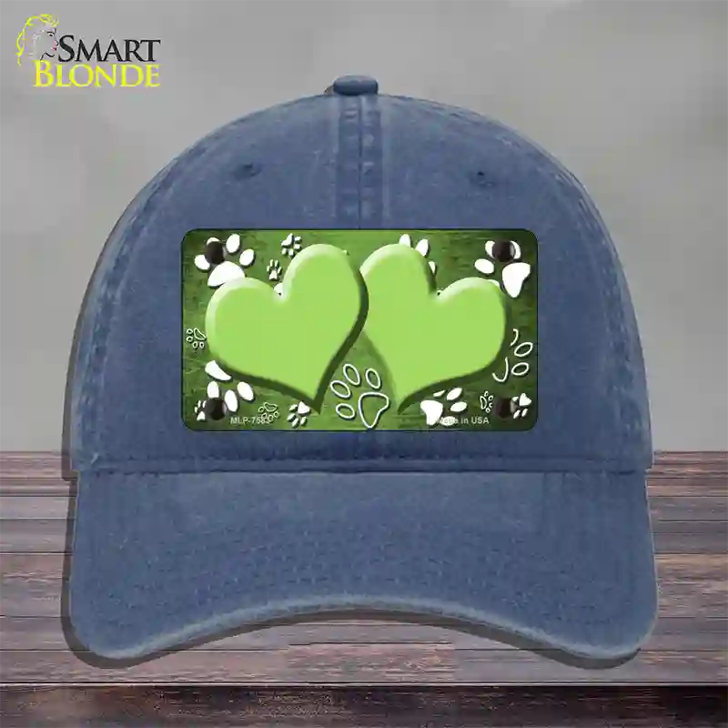 Paw Heart Lime Green White Novelty License Plate Hat Unconstructed Cotton / Navy