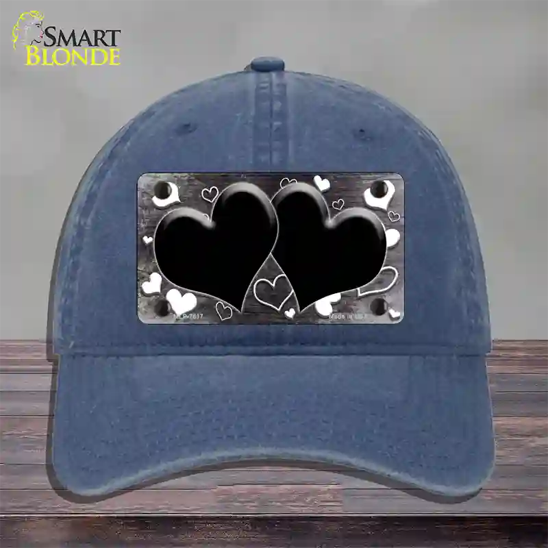 Black White Love Hearts Oil Rubbed Novelty License Plate Hat Unconstructed Cotton / Navy