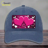 Pink White Love Hearts Oil Rubbed Novelty License Plate Hat Unconstructed Cotton / Navy