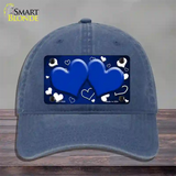 Blue White Love Hearts Oil Rubbed Novelty License Plate Hat Unconstructed Cotton / Navy