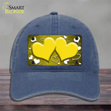 Yellow White Love Hearts Oil Rubbed Novelty License Plate Hat Unconstructed Cotton / Navy