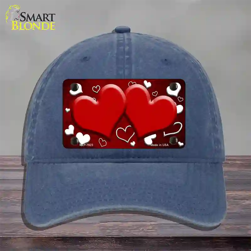 Red White Love Hearts Oil Rubbed Novelty License Plate Hat Unconstructed Cotton / Navy