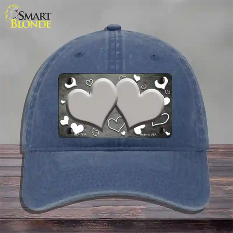 Gray White Love Hearts Oil Rubbed Novelty License Plate Hat Unconstructed Cotton / Navy